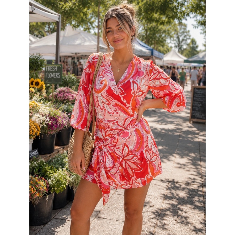 Zara Carla Wrap Mini Dress Pink Orange Paisley NWT Large Boho